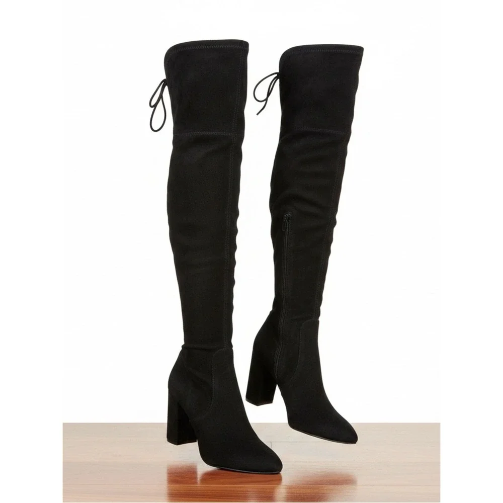Aubriana Black Over The Knee Heeled Boots Faux Suede Pointed Toe Size 9